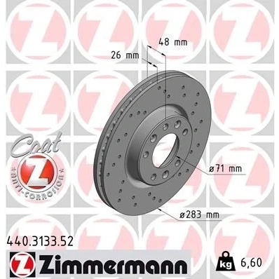 Kuva ZIMMERMANN SPORT COAT Z 440.3133.52 Jarrulevyt 283 26 8/5 5 108 tuuletettu sisältä, reijitetty pinnoitettu PEUGEOT: 308 SW 2, II Hatchback