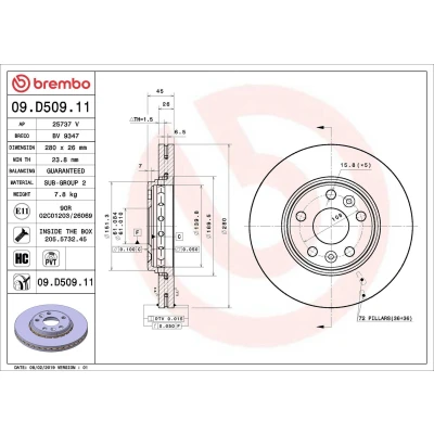 Kuva BREMBO 09.D509.11 Jarrulevyt 280 26 5 tuuletettu sisältä pinnoitettu hiiliteräs Ruuveilla RENAULT: Kangoo II Express