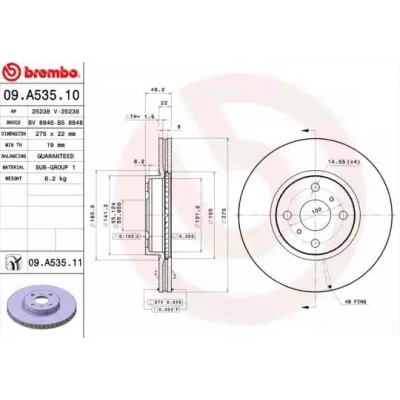 Kuva BREMBO COATED DISC LINE 09.A535.11 Jarrulevyt 275 22 4 tuuletettu sisältä pinnoitettu TOYOTA: Yaris II Hatchback, Corolla X Sedan, III Hatchback