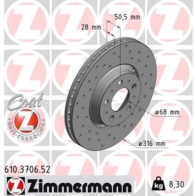Kuva ZIMMERMANN SPORT COAT Z 610.3706.52 Jarrulevyt 316 28 10/5 5 108 Tuuletettu, ulko, reijitetty pinnoitettu VOLVO: V70 2, XC90 I, S60 I