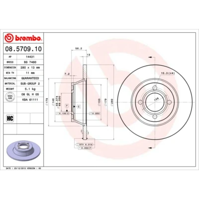 Kuva BREMBO 08.5709.10 Jarrulevyt 280 13 4 täysi AUDI: 80 B4 Sedan, Avant