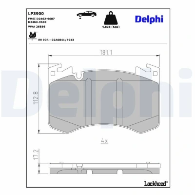 Kuva DELPHI LP3900 Jarrupalat Kulumisenilmaisemelle Huudonvaimennuspellillä Ilman tarvikkeita