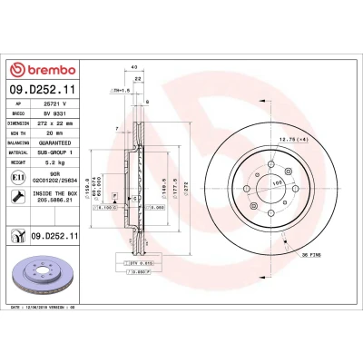 Kuva BREMBO Jarrulevy SUZUKI: SWIFT 4 272mm 22mm 5 tuuletettu sisältä pinnoitettu 09.D252.21 5531170L00,5531170L00000,5531172L00 Jarrulevyt