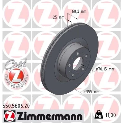Kuva ZIMMERMANN Jarrulevy 355mm 25mm 10/5 5 aukko 114mm tuuletettu sisältä pinnoitettu hiiliteräs 550.5606.20 118861100A Jarrulevyt