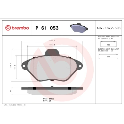 Kuva BREMBO P 61 053 Jarrupalat Sis. kulumisenilmaisimen Ilman tarvikkeita CITROËN: Xantia Hatchback, Farmari