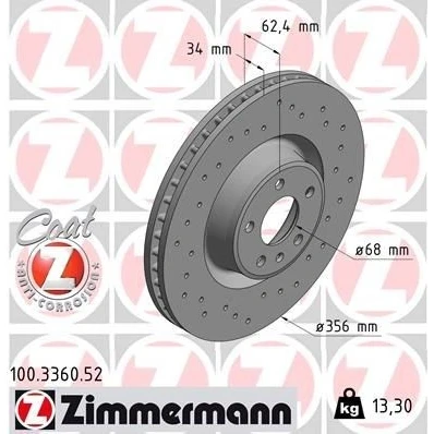 Kuva ZIMMERMANN Jarrulevy AUDI: A6 C7 Allroad 34mm 6/5 5 aukko 112mm tuuletettu sisältä, reijitetty pinnoitettu hiiliteräs 100.3360.52 4G0615301AC