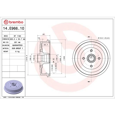 Kuva BREMBO 14.E966.10 Jarrurumpu ilman pyöränlaakerisarjaa 200,3mm