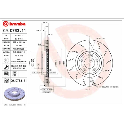 Kuva BREMBO 09.D763.11 Jarrulevyt 370 32 5 tuuletettu sisältä pinnoitettu hiiliteräs Ruuveilla