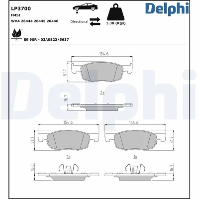 Kuva DELPHI LP3700 Jarrupalat akustisella kulumavaroittimella Huudonvaimennuspellillä Ilman tarvikkeita TOYOTA: Yaris IV