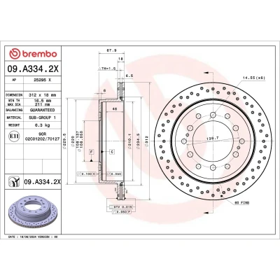 Kuva BREMBO Jarrulevy TOYOTA: Land Cruiser Prado 150, FJ 312mm 18mm 6 rei&#039;itetty/tuuletettu sisältä pinnoitettu 09.A334.2X Jarrulevyt