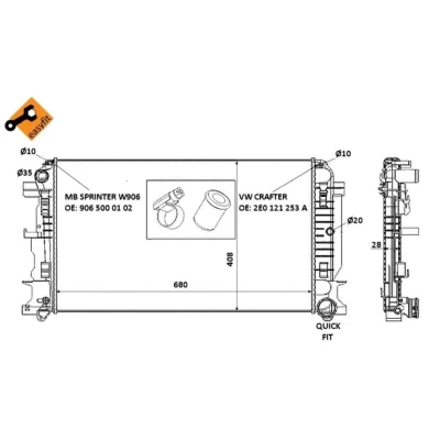 Kuva NRF EASY FIT 53885 Jäähdytin Alumiini 680 408 28 asennusosilla Jäähdytysrivat juotetut VOLKSWAGEN: Crafter 30 35 Bussi, 50 Van