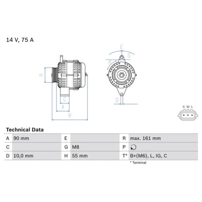 Kuva BOSCH 0 986 082 900 Laturi 14V 75A SUZUKI: SWIFT 3, Jimny SUV, Liana Sedan