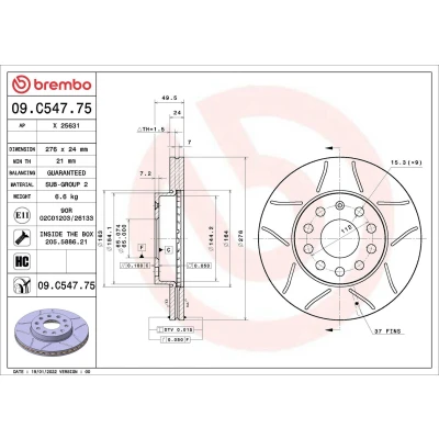 Kuva BREMBO 09.C547.75 Jarrulevyt 276 24 9 tuuletettu sisältä pinnoitettu hiiliteräs Ruuveilla AUDI: A3 Sportback, Sedan, Hatchback