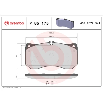 Kuva BREMBO P 85 175 Jarrupalat Kulumisenilmaisemelle Ilman tarvikkeita AUDI: A6 C7 Avant, A7 Sportback, Sedan