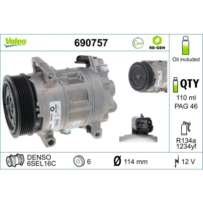 Kuva VALEO 690757 Ilmastoinnin Kompressori 5SE 12 PAG 46 R 134a, 1234yf kompressoriöljyllä CITROËN: C4 I Grand Picasso, II Hatchback