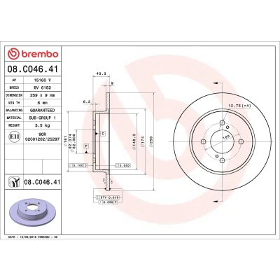 Kuva BREMBO 08.C046.41 Jarrulevyt 259 9 4 täysi pinnoitettu SUZUKI: SWIFT