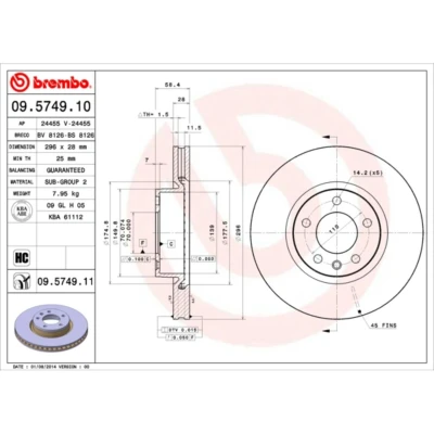 Kuva BREMBO COATED DISC LINE 09.5749.11 Jarrulevyt 296 28 5 tuuletettu sisältä pinnoitettu hiiliteräs OPEL: Omega B Caravan, Sedan, A Sedan