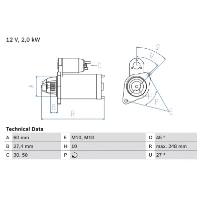 Kuva BOSCH 0 986 023 140 Starttimoottori 12V 2kW 10 50, 30 rechts 60mm MERCEDES BENZ: E sarja T modell, Sedan, S Coupe