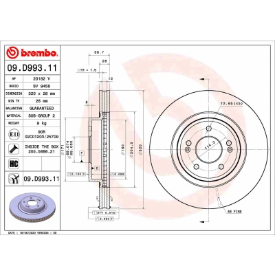Kuva BREMBO 09.D993.11 Jarrulevyt 320 28 5 tuuletettu sisältä pinnoitettu hiiliteräs Ruuveilla KIA: Stinger Hatchback