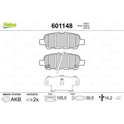 Kuva VALEO 601148 Jarrupalat Taka akseli Sis. kulumisenilmaisimen Huudonvaimennuspellillä NISSAN: Leaf I, II, Juke, HYUNDAI: Ioniq, INFINITI: FX SUV