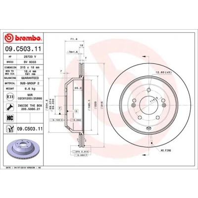 Kuva BREMBO 09.C503.11 Jarrulevyt 315 18 5 tuuletettu sisältä pinnoitettu hiiliteräs Ruuveilla KIA: SORENTO 3