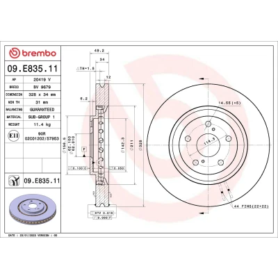 Kuva BREMBO 09.E835.11 Jarrulevyt 328 34 5 tuuletettu sisältä pinnoitettu LEXUS: RX III