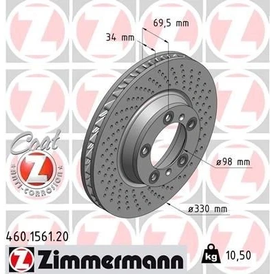 Kuva ZIMMERMANN COAT Z 460.1561.20 Jarrulevyt 330 34 7/5 5 130 tuuletettu sisältä, reijitetty pinnoitettu PORSCHE: 911 Coupe, Cabriolet