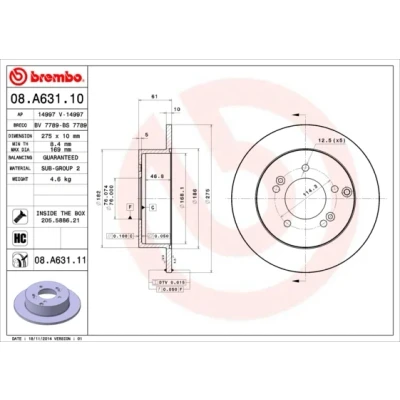 Kuva BREMBO COATED DISC LINE 08.A631.11 Jarrulevyt 275 10 5 täysi pinnoitettu hiiliteräs Ruuveilla KIA: CARENS 3