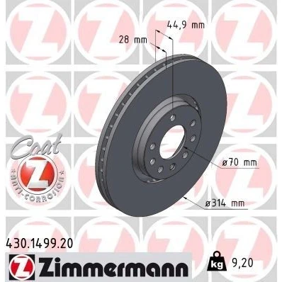 Kuva ZIMMERMANN COAT Z 430.1499.20 Jarrulevyt 314 28 8/5 5 110 Tuuletettu, ulko pinnoitettu hiiliteräs SAAB: 9 3 Farmari, Sedan, OPEL: Vectra C CC