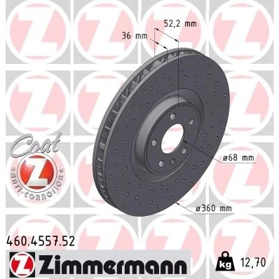Kuva ZIMMERMANN Jarrulevy PORSCHE: Macan 36mm 6/5 5 aukko 112mm tuuletettu sisältä, reijitetty pinnoitettu hiiliteräs 460.4557.52 95B615301AA Jarrulevyt