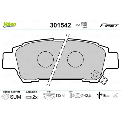 Kuva VALEO 301542 Jarrupalat FIRST Taka akseli Sis. kulumisenilmaisimen ilman huudonvaimennuspeltiä TOYOTA: Avensis Verso, Previa / Estima II