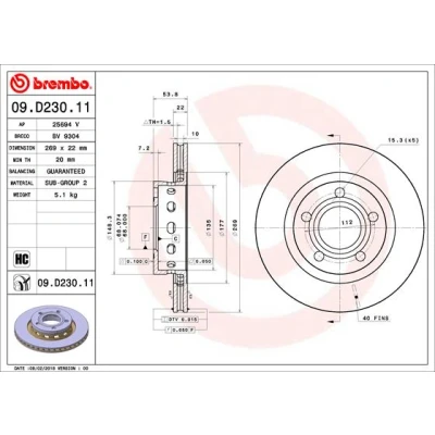 Kuva BREMBO 09.D230.11 Jarrulevyt 269 22 5 tuuletettu sisältä pinnoitettu hiiliteräs AUDI: A6 C5 Avant, Sedan, VOLKSWAGEN: Passat B5 GP Variant
