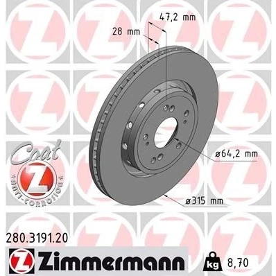 Kuva ZIMMERMANN 280.3191.20 Jarrulevyt 315 28 9/5 5 114 Tuuletettu, ulko pinnoitettu HONDA: CR V 4
