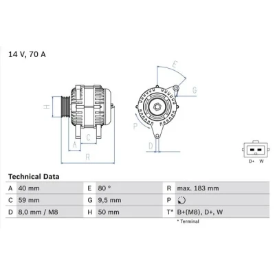 Kuva BOSCH 0 986 038 070 Laturi 14V 70A VOLKSWAGEN: Polo III Classic, Golf 3 Variant, Cabrio, SKODA: FELICIA 2 Kombi