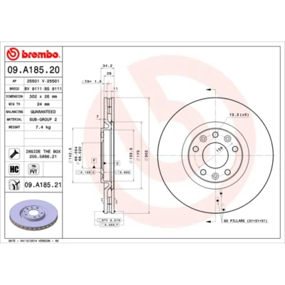 Kuva BREMBO COATED DISC LINE 09.A185.21 Jarrulevyt 302 26 5 tuuletettu sisältä pinnoitettu hiiliteräs Ruuveilla PEUGEOT: RCZ Coupe