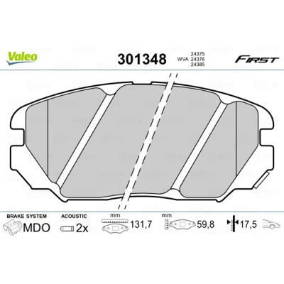 Kuva VALEO 301348 Jarrupalat Etuakseli Sis. kulumisenilmaisimen ilman huudonvaimennuspeltiä HYUNDAI: Sonata V, Tucson, ix20