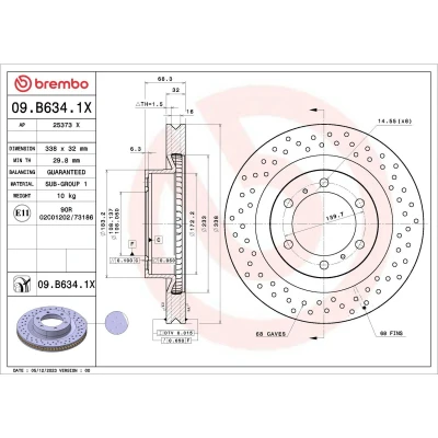 Kuva BREMBO Jarrulevy TOYOTA: Land Cruiser Prado 150 338mm 32mm 6 rei&#039;itetty/tuuletettu sisältä pinnoitettu 09.B634.1X 4351260190,4351260191 Jarrulevyt