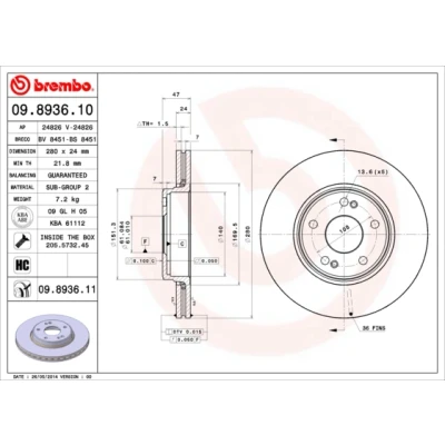 Kuva BREMBO COATED DISC LINE 09.8936.11 Jarrulevyt 280 24 5 tuuletettu sisältä pinnoitettu Ruuveilla RENAULT: LAGUNA 2 Grandtour,
