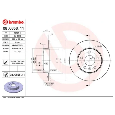 Kuva BREMBO 08.C656.11 Jarrulevyt 264 10 5 täysi pinnoitettu Ruuveilla OPEL: Zafira B