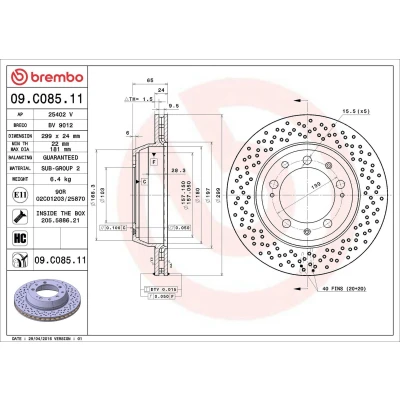 Kuva BREMBO COATED DISC LINE 09.C085.11 Jarrulevyt 299 24 5 rei&#039;itetty/tuuletettu sisältä pinnoitettu hiiliteräs Ruuveilla PORSCHE: 911 Coupe