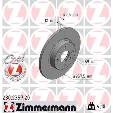 Kuva ZIMMERMANN COAT Z 230.2357.20 Jarrulevyt 257 12 6/4 4 98 täysi pinnoitettu FIAT: Punto II Hatchback, 500 Panda III Hatchback