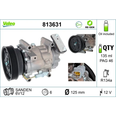 Kuva VALEO 813631 Ilmastoinnin Kompressori 6V12 12 PAG 46 R 134a kompressoriöljyllä REMANUFACTURED NISSAN: Qashqai / Qashqai+2 I, Note Juke