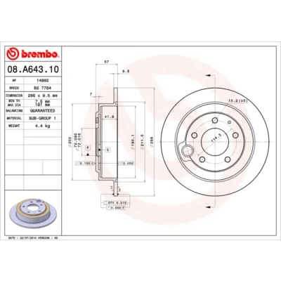 Kuva BREMBO 08.A643.10 Jarrulevyt 286 9,5 5 täysi