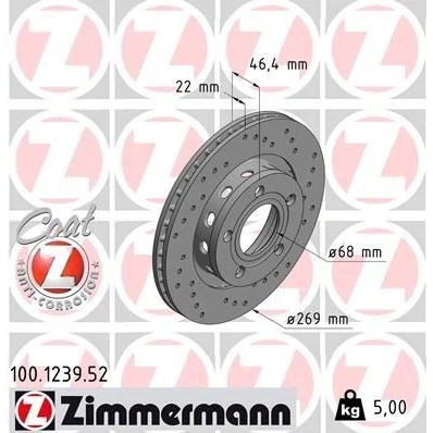 Kuva ZIMMERMANN SPORT COAT Z 100.1239.52 Jarrulevyt 269 22 5/5 5 112 Tuuletettu, ulko, reijitetty pinnoitettu hiiliteräs AUDI: A8 D2