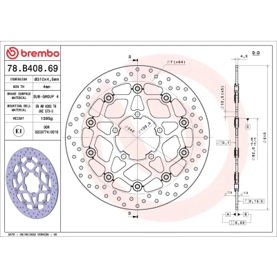 Kuva BREMBO Jarrulevy Serie Oro Edessä 310mm 4,5, 4.5mm 5 reijitetty, kaksiosainen jarrulevy, kelluva 78B40869 Jarrulevyt