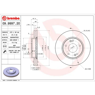 Kuva BREMBO 09.9997.20 Jarrulevyt 275 26 5 tuuletettu sisältä Ruuveilla
