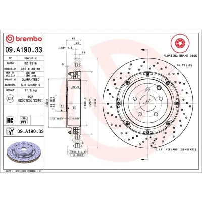 Kuva BREMBO 09.A190.33 Jarrulevyt 380 30 5 rei&#039;itetty/tuuletettu sisältä, kaksiosainen jarrulevy pinnoitettu hiiliteräs NISSAN: GT R