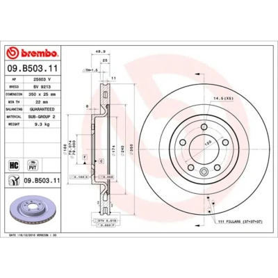 Kuva BREMBO COATED DISC LINE 09.B503.11 Jarrulevyt 350 25 5 tuuletettu sisältä pinnoitettu hiiliteräs LAND ROVER: Discovery 5, Range Rover Sport