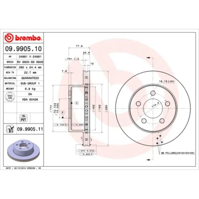 Kuva BREMBO COATED DISC LINE 09.9905.11 Jarrulevyt 280 24,5 5 tuuletettu sisältä pinnoitettu JEEP: Cherokee II