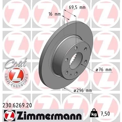 Kuva ZIMMERMANN COAT Z 230.6269.20 Jarrulevyt 296 16 7/6 6 125 täysi pinnoitettu IVECO: DAILY V Van / Farmari, 4, 4 Kasten/Kombi